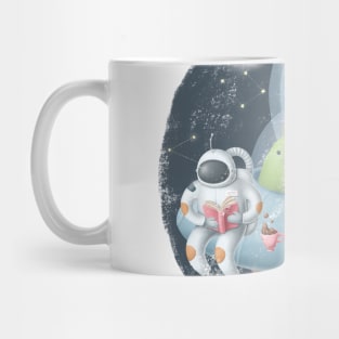 Astronaut reading book on ufo ship. Mug